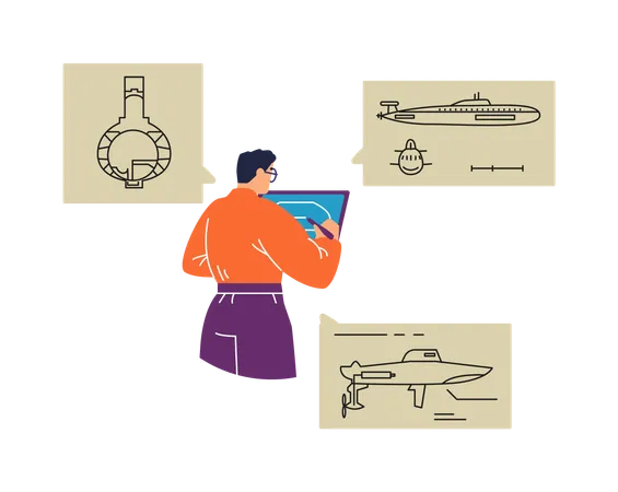 Engenheiro naval trabalhando em desenhos de submarino  Ilustração