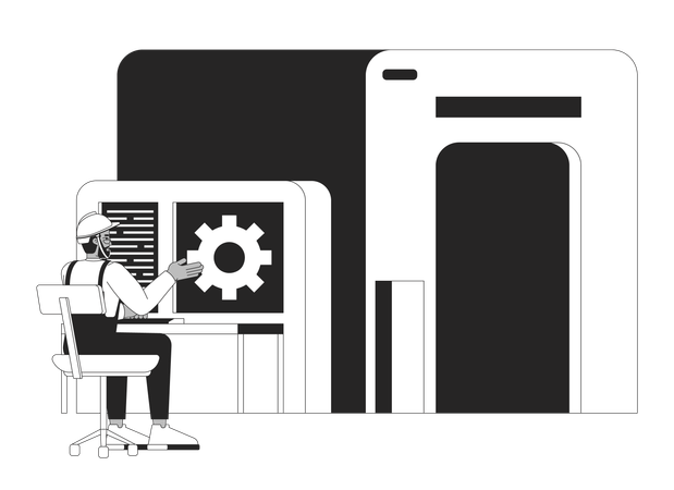 Estação de trabalho de engenheiro masculino operando processos industriais  Ilustração