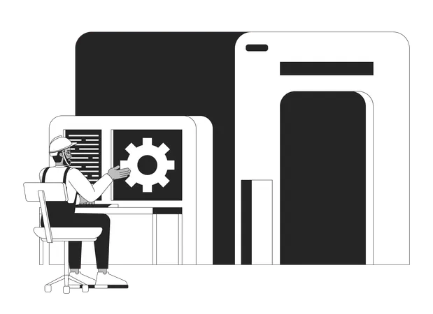 Estação de trabalho de engenheiro masculino operando processos industriais  Ilustração