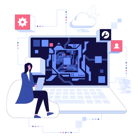 Engenheiro profissional trabalha em microchip Engenharia de hardware IA  Ilustração