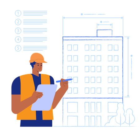 Engenheiro projetando edifício em planta baixa  Ilustração