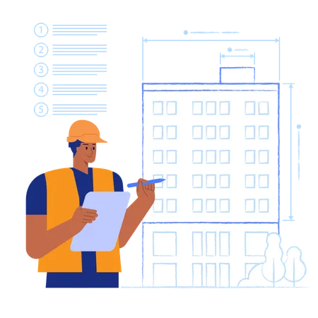 Engenheiro projetando edifício em planta baixa  Ilustração