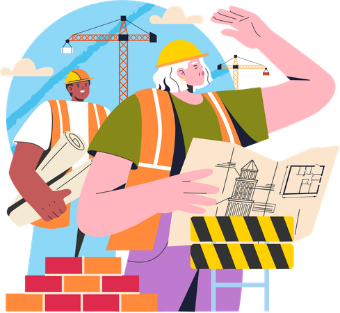 Engenheiro trabalha no canteiro de obras  Ilustração