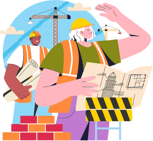 Engenheiro trabalha no canteiro de obras  Ilustração