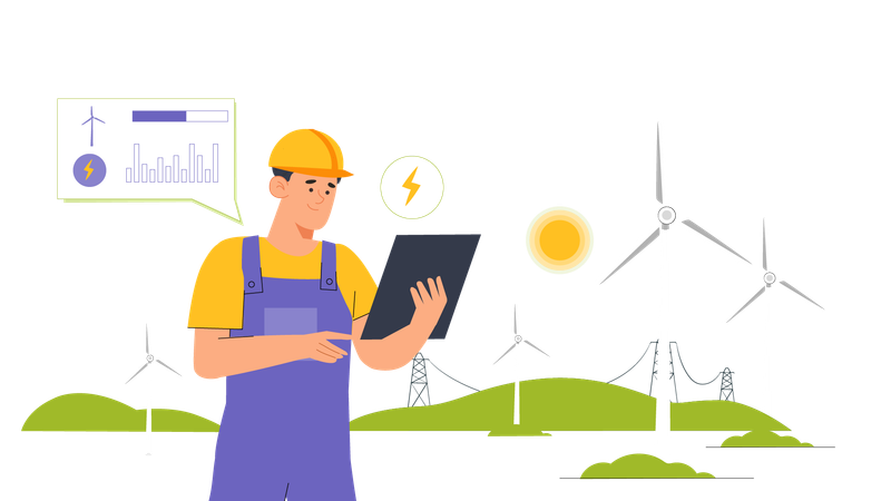 Engenheiro utiliza energia eólica em indústrias  Ilustração