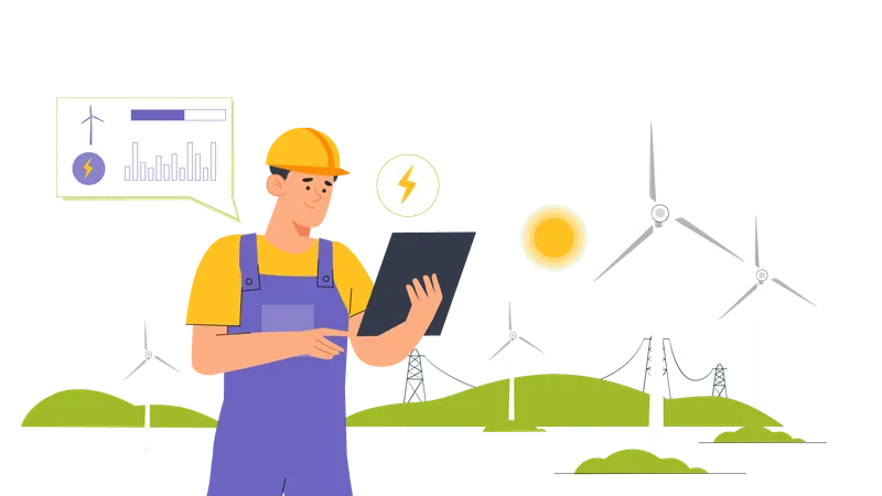 Engenheiro utiliza energia eólica em indústrias  Ilustração