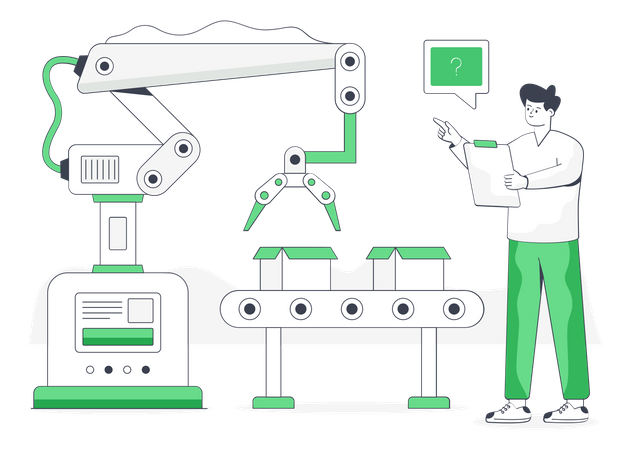 Engenheiro verificando o processo de automação de embalagens  Ilustração