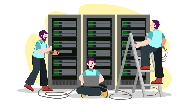 Engenheiros de rede trabalhando no servidor de banco de dados  Ilustração