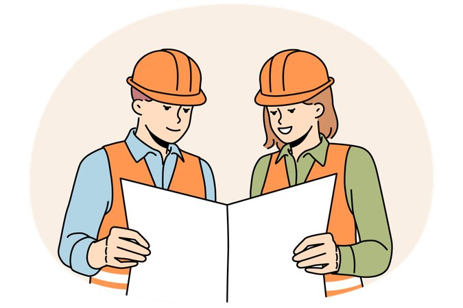 Engenheiros sorridentes estudam projeto juntos  Ilustração