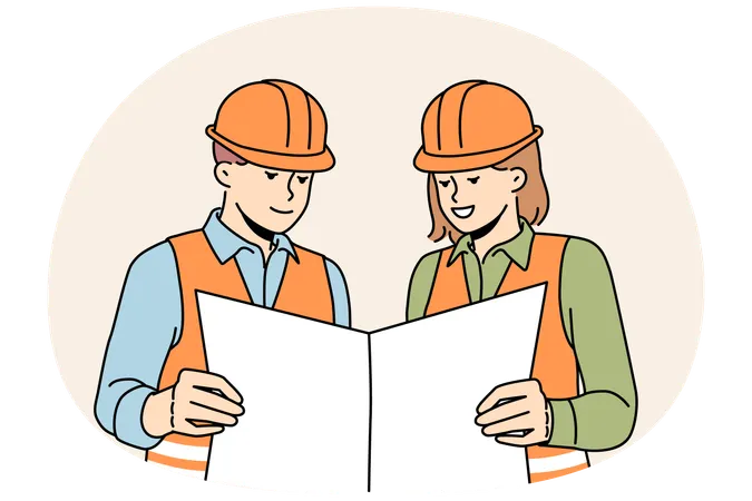 Engenheiros sorridentes estudam projeto juntos  Ilustração