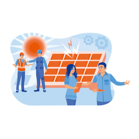 Engenheiros trabalham na instalação de painéis solares  Ilustração