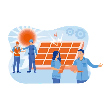 Engenheiros trabalham na instalação de painéis solares  Ilustração