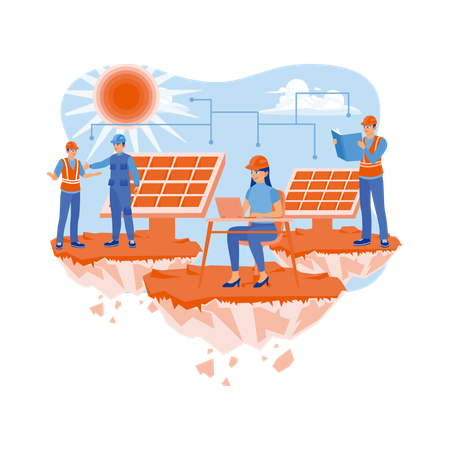 Engenheiros e técnicos realizam manutenção em painéis solares  Ilustração