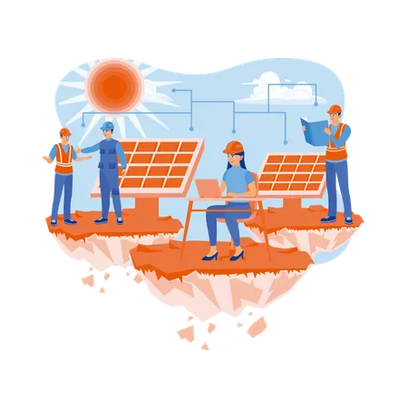 Engenheiros e técnicos realizam manutenção em painéis solares  Ilustração