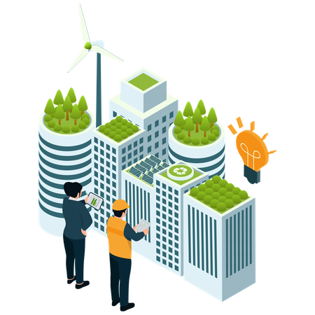 Engenheiros trabalham para o desenvolvimento de cidades verdes inteligentes  Ilustração