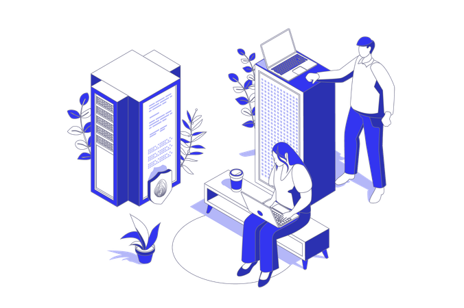 Engenheiros trabalhando no data center  Ilustração