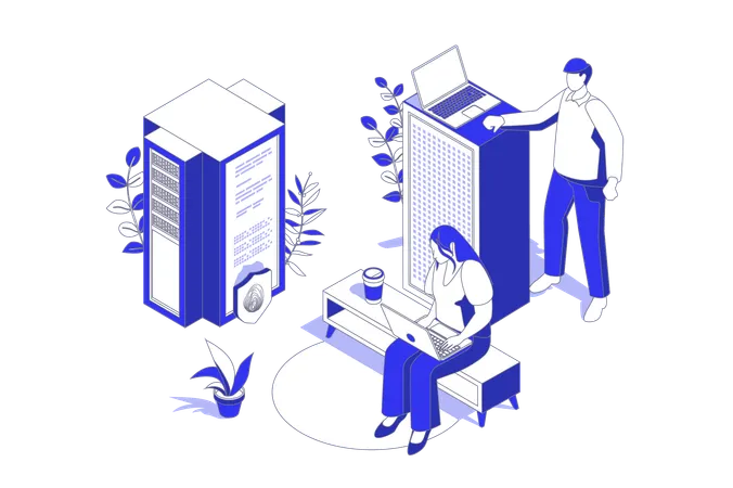 Engenheiros trabalhando no data center  Ilustração