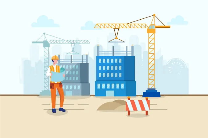 Engineer analysis blueprint of construction site Illustration