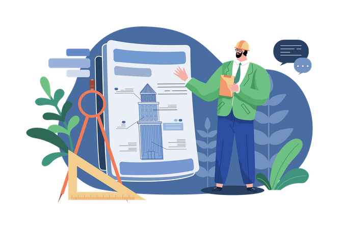 Engineer Analysis Blueprint Of The Construction Site  Illustration