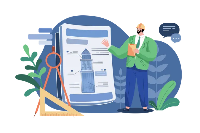 Engineer Analysis Blueprint Of The Construction Site  Illustration