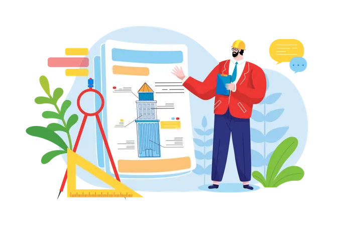 Engineer analysis blueprint of the construction site  Illustration