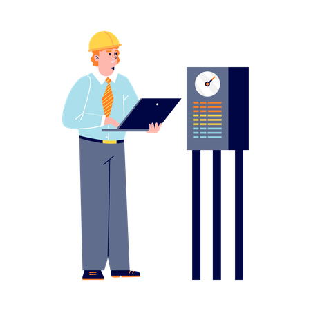 Engineer at oil refinery stands with laptop in his hand  Illustration