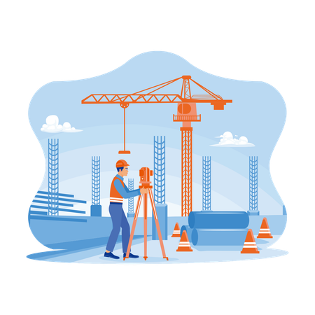 Engineer Builder Surveyor With Theodolite Transit Equipment At Construction Site Outdoors  Illustration