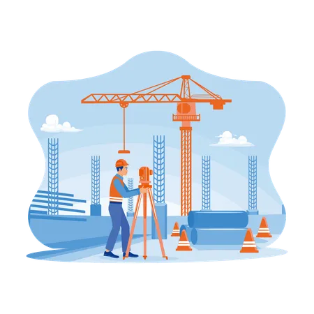 Engineer Builder Surveyor With Theodolite Transit Equipment At Construction Site Outdoors  Illustration