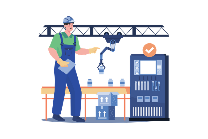 Engineer Checking Packaging Automation Process Illustration