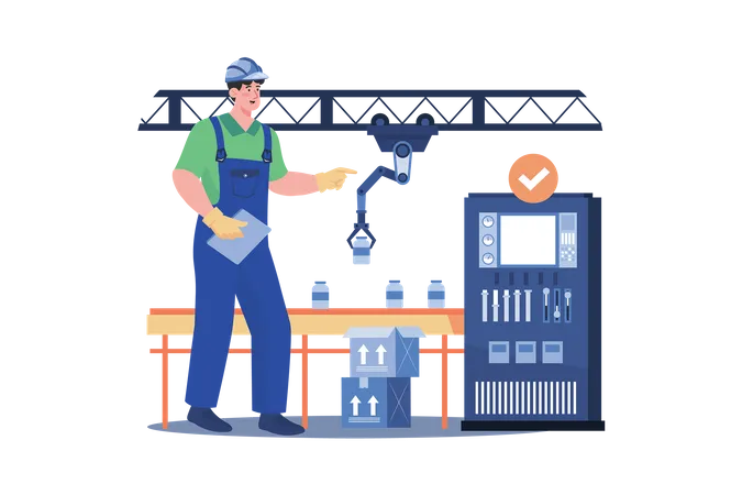 Engineer Checking Packaging Automation Process Illustration