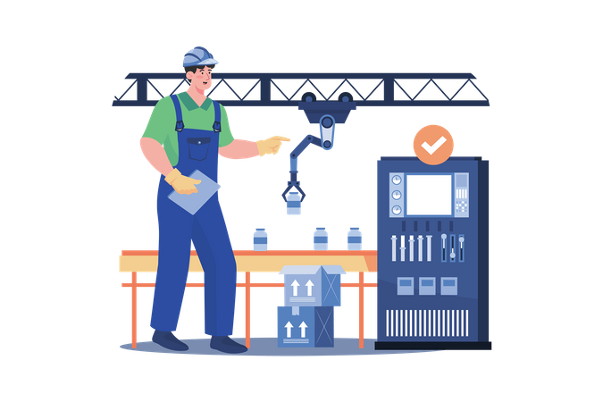 Engineer Checking Packaging Automation Process  Illustration