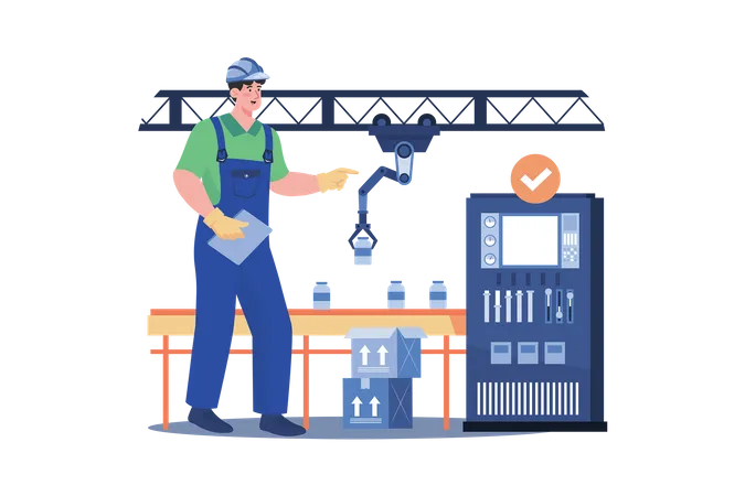 Engineer Checking Packaging Automation Process  Illustration