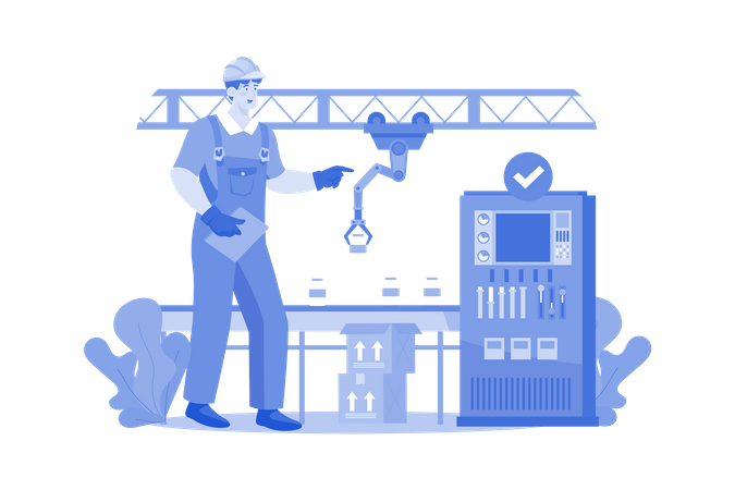 Engineer Checking Packaging Automation Process  Illustration