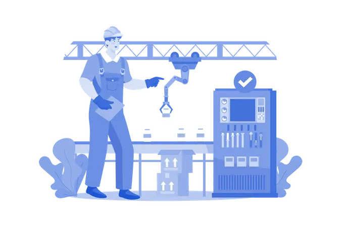 Engineer Checking Packaging Automation Process  Illustration