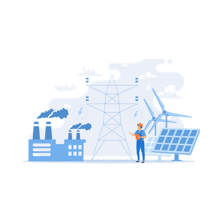 Engineer choosing power station with solar panels and wind turbines  Illustration