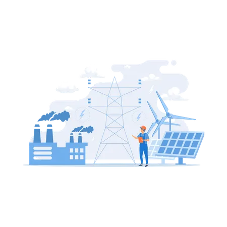 Engineer choosing power station with solar panels and wind turbines  Illustration