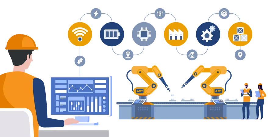 Manager Engineer Check And Control Automation Robot Arms Machine In Intelligent Factory Industrial On Real Time Monitoring System Software Industry 4 0 Concept Vector Illustration Illustration