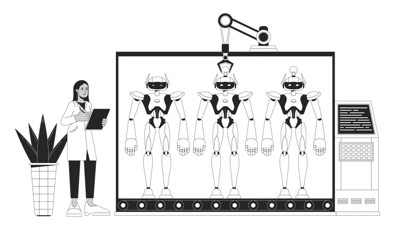 Robotics Building Black And White 2 D Illustration Concept Engineer Controlling Machines On Conveyor Cartoon Outline Character Isolated On White Software Development Metaphor Monochrome Vector Art Illustration
