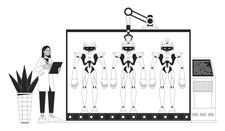 Engineer controlling machines on conveyor  Illustration