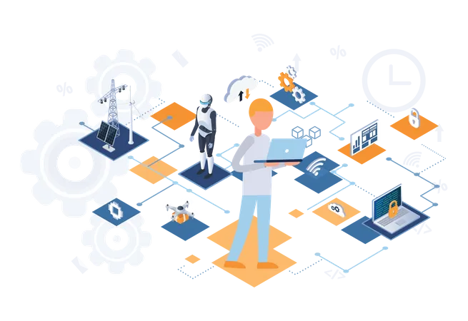 Engineer controls equipment using digital devices  Illustration