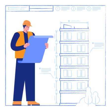 Engineer designs building on blueprint with measurements  Illustration