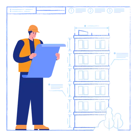 Engineer designs building on blueprint with measurements  Illustration