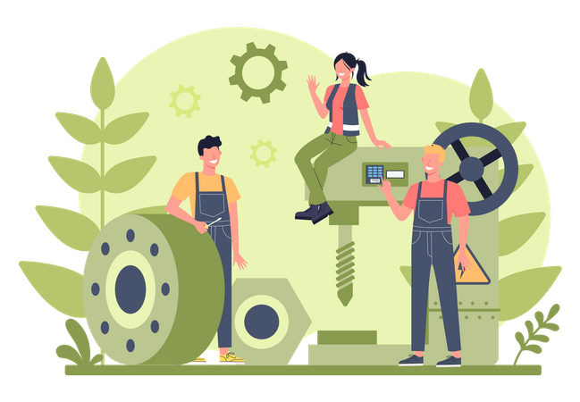 Engineer drilling metal with milling machine  Illustration