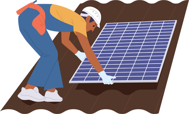 Engineer high-rise worker installing solar panel for alternative energy on roof  Illustration