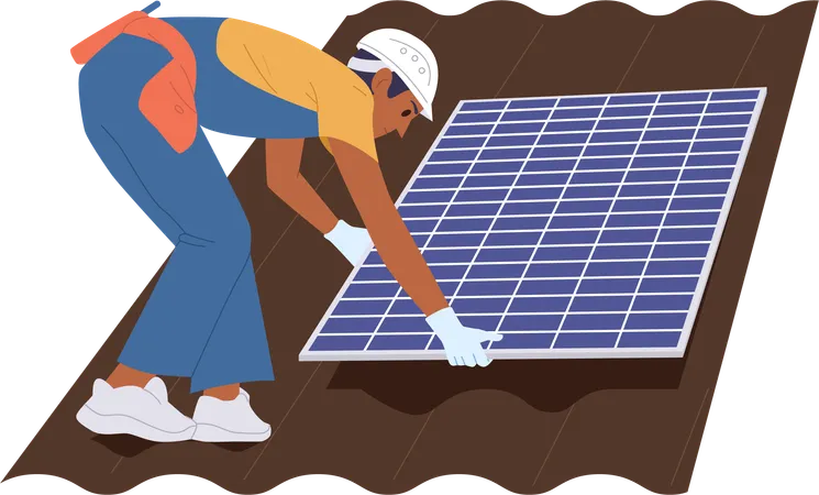 Engineer high-rise worker installing solar panel for alternative energy on roof  Illustration