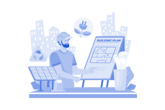 Engineer is building plan to construct building using sustainable energy  Illustration