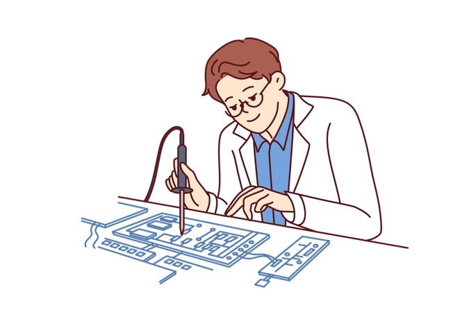 Engineer is soldering computer board  Illustration