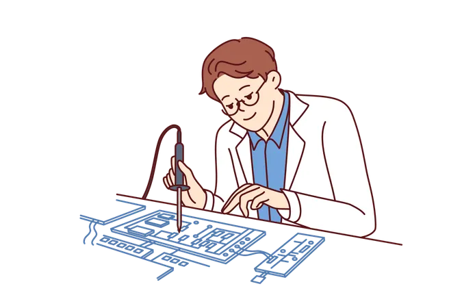 Engineer is soldering computer board  Illustration