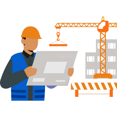 Engineer looking at construction plan  Illustration