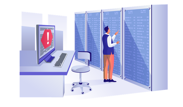 Engineer maintains connection and configures hardware in server room rack  Illustration